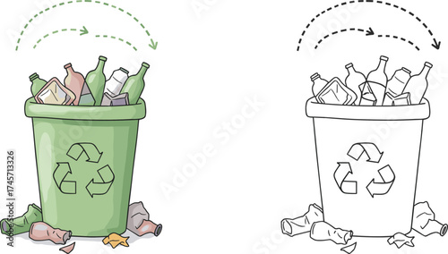 Green recycling bin full of glass bottles, plastic and paper waste with arrows showing reuse concept, eco-friendly, conservation, sustainability, global impact, earth

