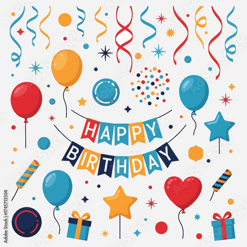 Colorful Happy Birthday party decorations flat design illustration featuring festive balloons, streamers, gifts, and a celebratory banner for joyous events and greeting cards
