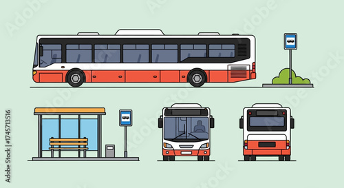 Illustration of a bus in side, front, and back views, along with a bus stop.
