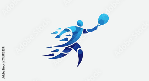 Abstract blue figure of a tennis player in motion, holding a racket, against a white background.