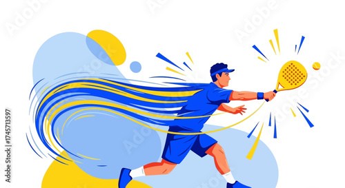 Dynamic illustration of a tennis player hitting a ball with a racket, motion lines showing speed.