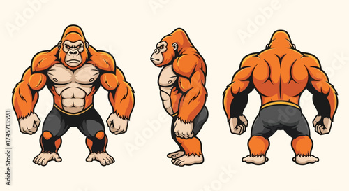 Three views of an orange cartoon gorilla with muscular build, depicted from the front, side, and back.