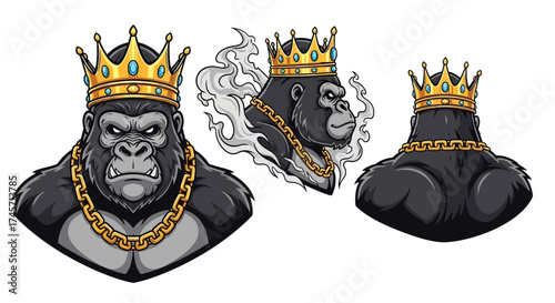 Three gorilla illustrations wearing golden crowns and chains, one with smoke effect, showcasing different perspectives.