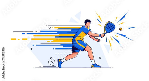 An illustration of a tennis player in action, hitting the ball with speed.