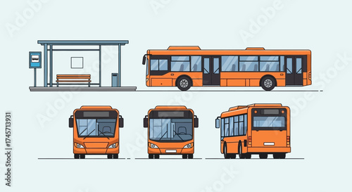 Illustration of an orange bus in various perspectives, including a bus stop with a bench and sign.