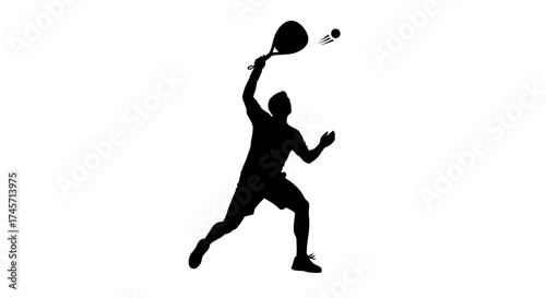 Silhouette of a person playing tennis, swinging a racket to hit a ball in mid-air.