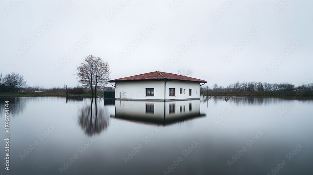Obraz premium Isolated house surrounded by tranquil water reflecting a cloudy sky with a serene atmosphere