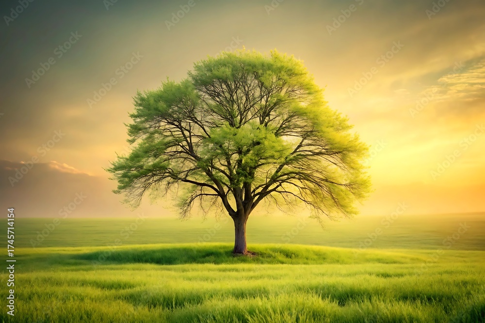 Obraz premium A solitary tree stands in a green field under a golden sky