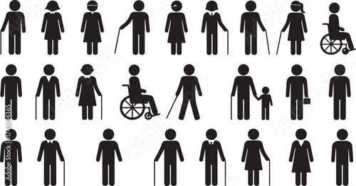 Vector icon collection of diverse people, including seniors and individuals with disabilities. Human set