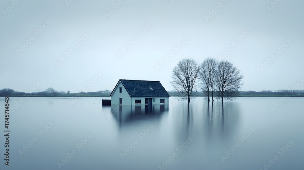 Fototapeta premium Isolated house surrounded by floodwaters with trees in a serene, misty landscape
