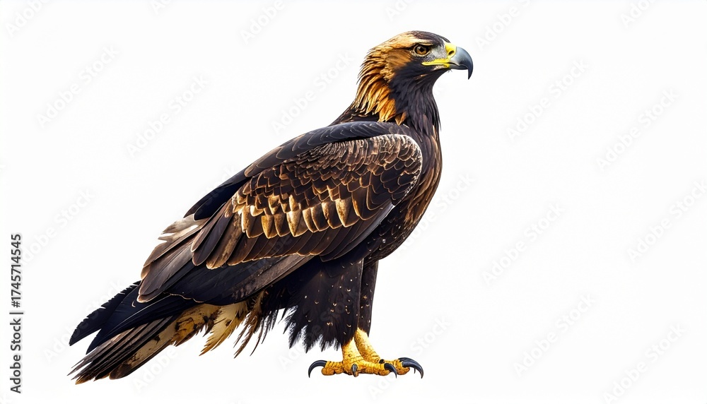 Obraz premium Majestic Golden Eagle Standing Proudly on White Background.