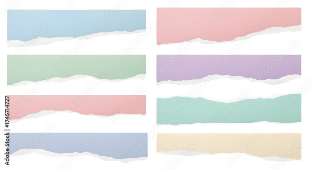 Fototapeta premium Collection of eight pastel colored torn paper strips with rough edges on a black background