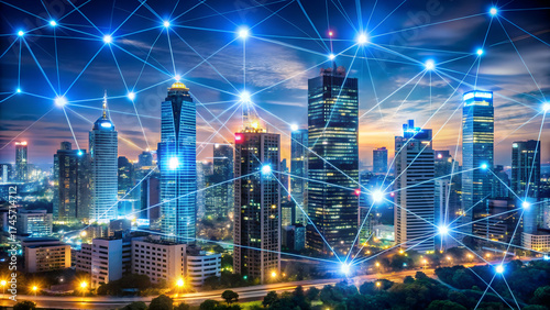 Wallpaper Mural Connected city with digital network and communication technology at night, showcasing urban innovation Torontodigital.ca