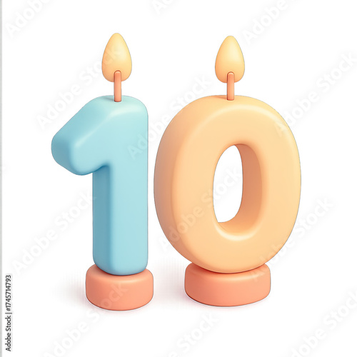 Vibrant 3D rendered birthday candles forming the number '10', featuring a soft blue '1' and a warm peach '0', both glowing brightly against a dark backdrop. Ideal for celebrating a tenth anniversary,