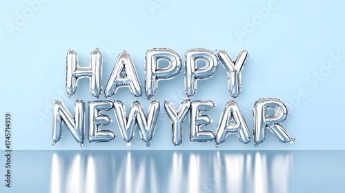 Silver balloons spelling Happy New Year against a soft blue background with reflective surface