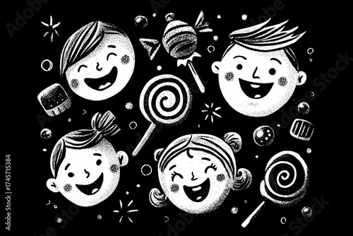 smiling candy characters with comic outlines in a playful colorful children’s cartoon design