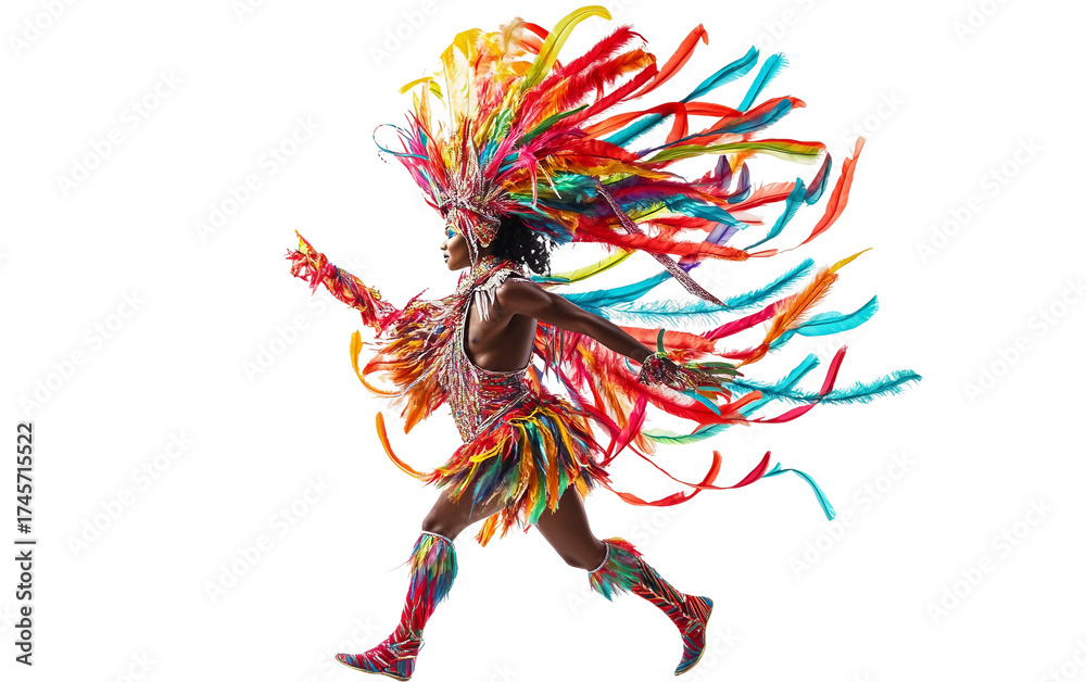 Obraz premium Stunning flat cartoon illustration of a carnival dancer wearing elaborate feathered costume for festive events isolated on transparent background PNG