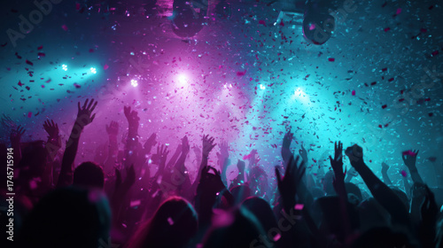 Crowd dancing at concert party with confetti and stage lights, colorful nightlife festival celebration with music and energy