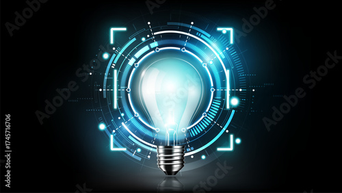 Futuristic Light Bulb with Digital Interface Representing Innovation and Smart Technology Concept