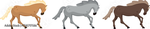 set of icons of the symbol of the New Year, namely horses with a tilted head and a bent leg in different colors, for social media templates, thematic design or stickers