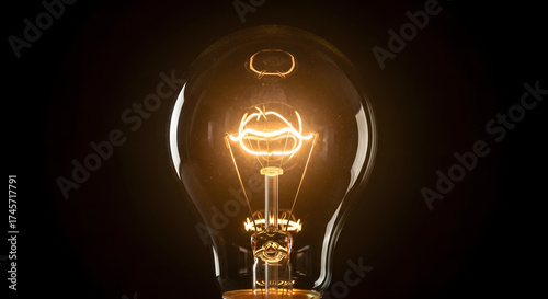 A close up shot of a glowing light bulb with a visible filament against a dark background scene view