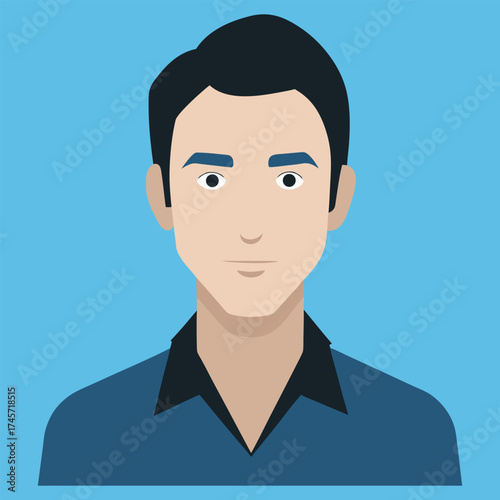 Flat design portrait of a young man with dark hair and a serious expression, illustration of a young Asian man a serious expression, wearing a dark blue t-shirt against a burnt orange background.