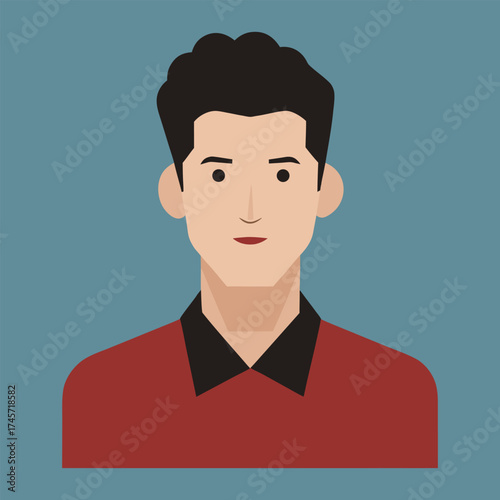 Flat design portrait of a young man with dark hair and a serious expression, illustration of a young Asian man a serious expression, wearing a dark blue t-shirt against a burnt orange background.