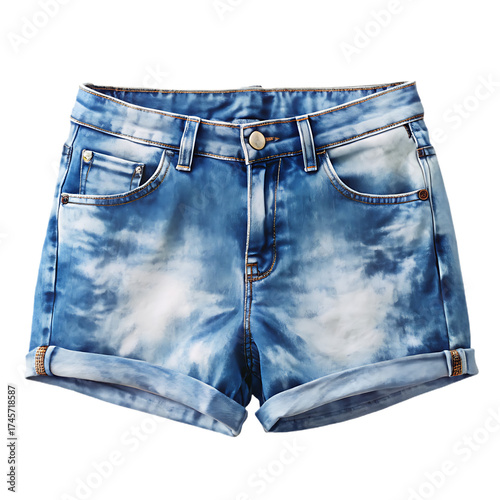 Stylish and modern blue denim shorts with a unique acid wash pattern, isolated on transparent background.png