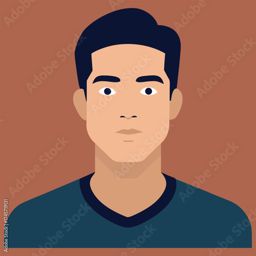 Flat design portrait of a young man with dark hair and a serious expression, illustration of a young Asian man a serious expression, wearing a dark blue t-shirt against a burnt orange background.
