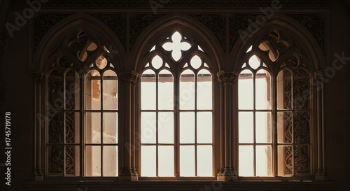 Elegant gothic-style arched windows with symmetrical patterns and soft daylight. Suitable for historical, architectural, or artistic design concepts.