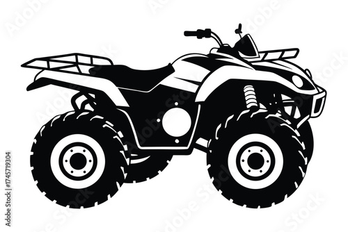 Black and White ATV Vector Illustration Featuring Large Tires and Storage Rack Design