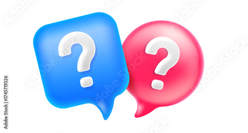 Vector illustration of realistic blue and red color speech bubble with question mark. 3d cartoon style design of two speech bubble with question. Social media symbol of communication and faq icon