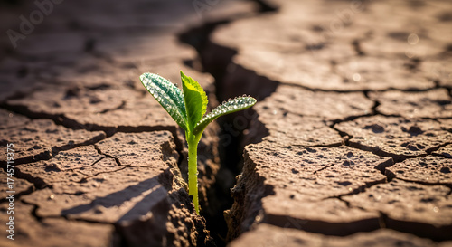 A small sprout emerges from a crack in dry cracked earth with water droplets on the leaves in sunlight