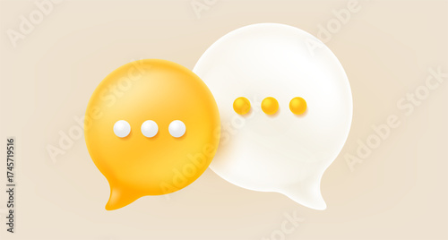 Vector illustration of realistic white and yellow color text speech bubble with dot. Social media symbol of communication icon. 3d cartoon style design of dialog of two circle speech bubble