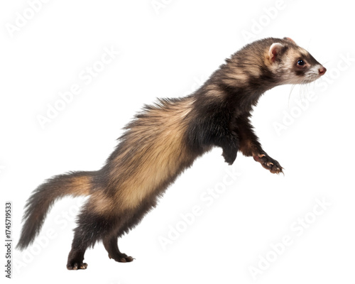 Action pose of a ferret mid stride jumping on a transparent background