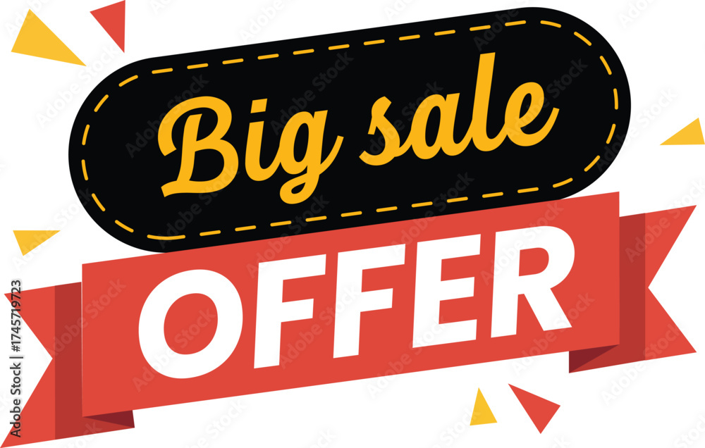 Fototapeta premium Big sale offer banner with red ribbon and yellow oval shape, festive confetti, isolated on white background