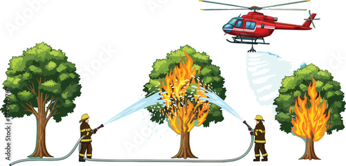 Forest firefighting illustration, emergency response scene, firefighters and helicopter, wildfire control, hand-drawn vector, white background, nature rescue