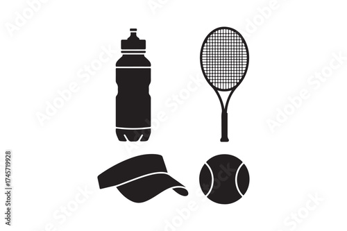Tennis equipment and accessories silhouette icons