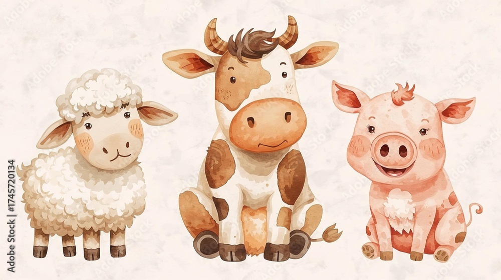 Obraz premium cow, cartoon, animal, farm, vector, cute, illustration, pig, animals, sheep, milk, funny, mammal, love, cattle, fun, dog, bull, happy, comic, isolated, nature, domestic, flower, horse