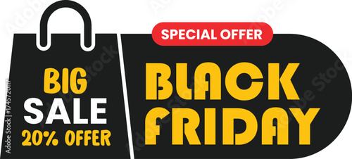Black friday big sale special offer 20 discount on shopping bag, isolated on white background