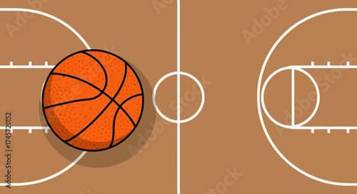 Basketball on a court, viewed from above, showcasing the ball's texture and court markings.