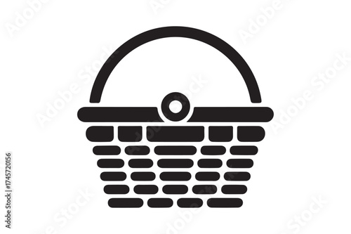 Simple black and white icon of a woven basket with handle