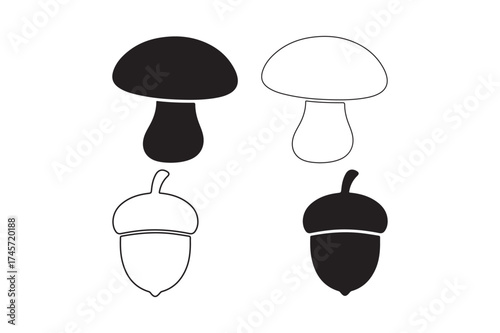 Simple black and white illustrations of mushrooms and acorns