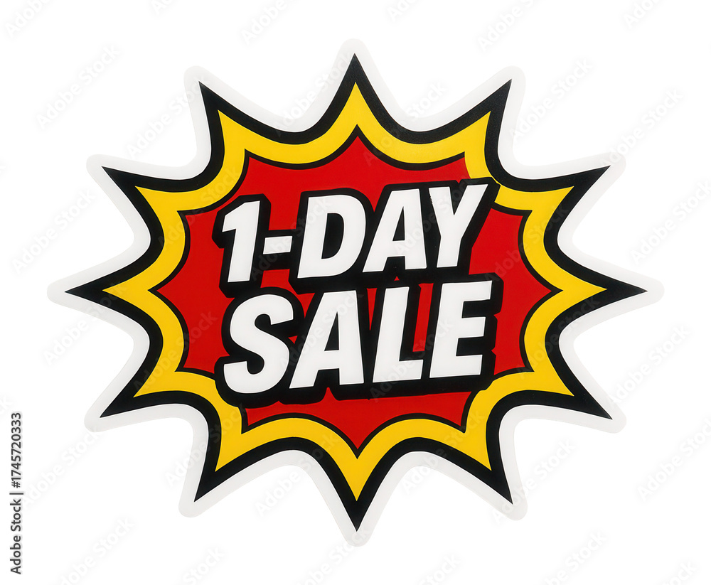 Fototapeta premium Colorful burst sticker with 1-DAY SALE offer in bold lettering, attention-grabbing retail discount promo on transparent background.