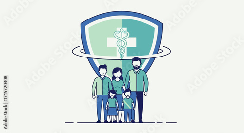 Illustration of a family of five standing in front of a shield with a medical symbol, representing healthcare or insurance.