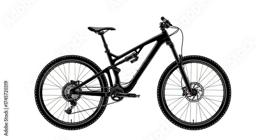 A sleek, black mountain bike is displayed on a clean white background, showcasing its design.