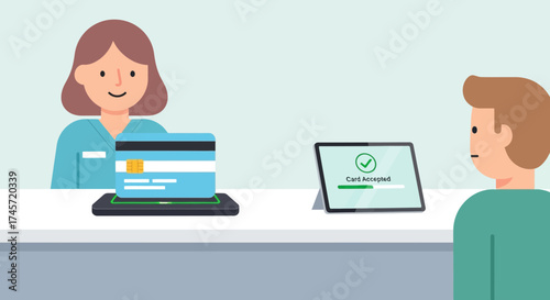 A cashier assisting a customer with a credit card payment transaction at a counter.