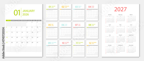 Calendar 2026, calendar 2027 week start Sunday corporate design template vector.