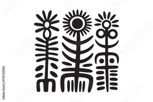 Three stylized black and white folk art flowers or plants