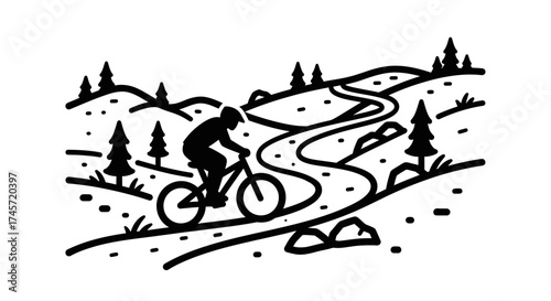 A cyclist rides a mountain bike along a winding trail through a hilly landscape.